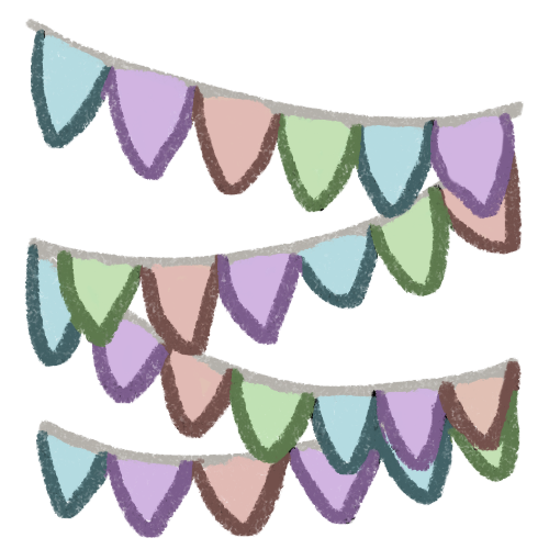 Pastel coloured flags on a string hung in a zig zag pattern. The colours repeat in the pattern of blue, purple, orange and green. 